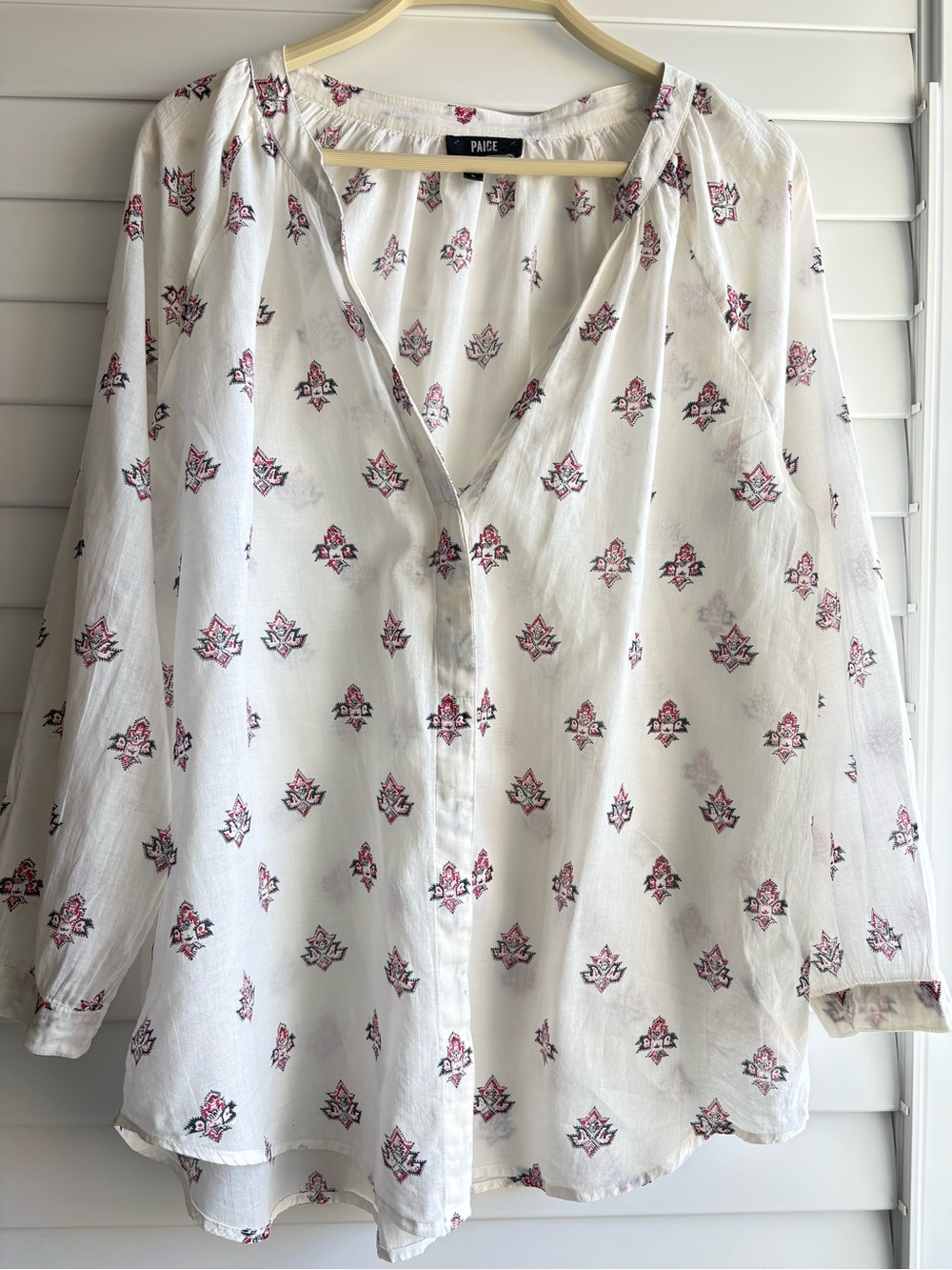 PAIGE Cotton White Floral V-Neck Long-Sleeve Blouse